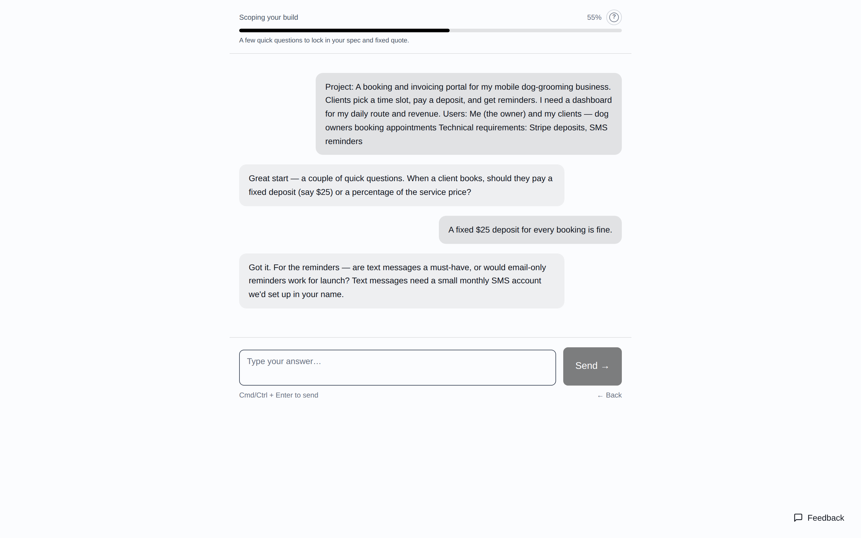 The AI scoping chat asking follow-up questions, with a progress bar at the top