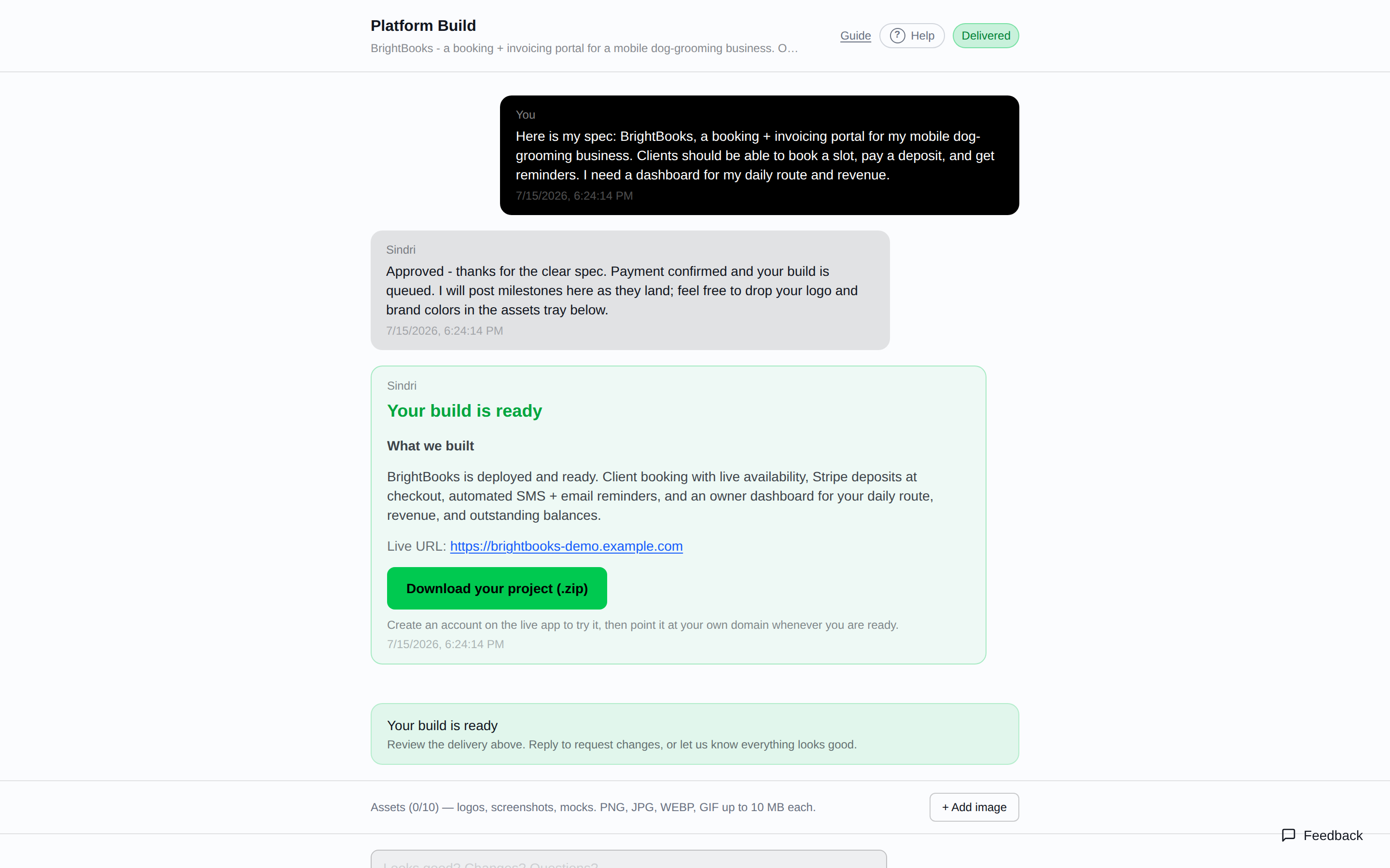 A Sindri build portal showing the status badge, builder messages, a delivered build, and the reply box
