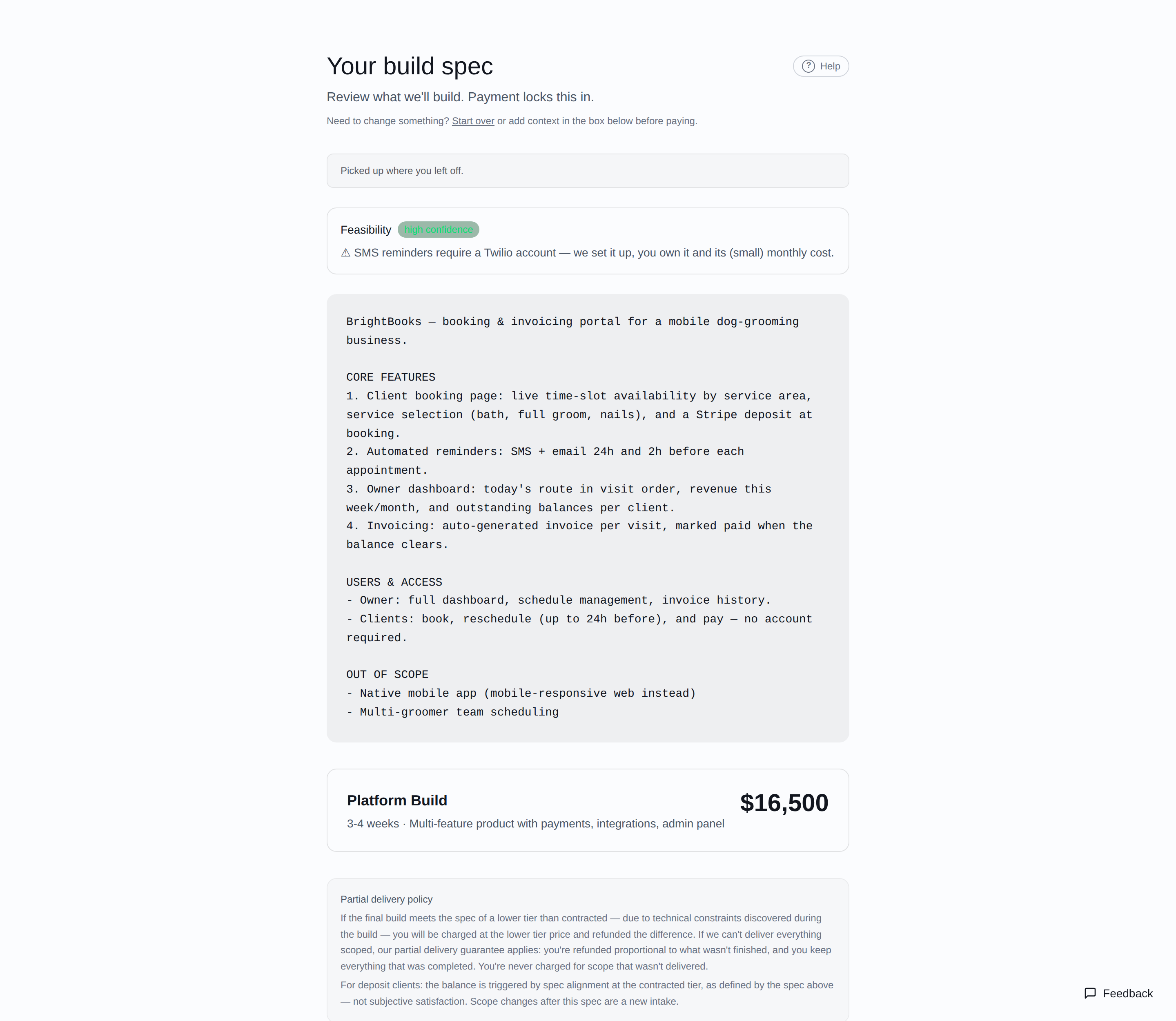 The spec review page: feasibility read, written spec, tier with fixed price, and payment buttons